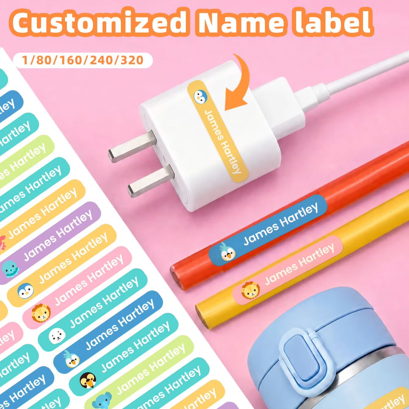 Personalized Name Box - 1–320 Stück individuelle Cartoon-Namensaufkleber, wasserfeste personalisierte